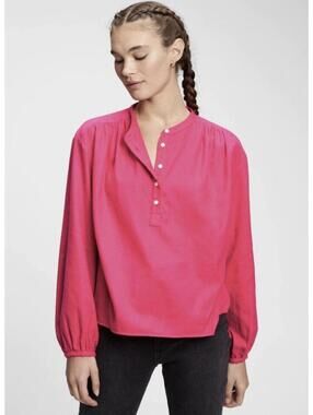 Gap Women's Hot Pink Long Sleeve Cotton Popover Henley Shirt Top Large